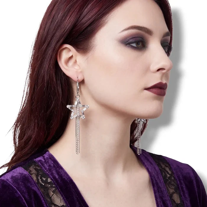 Silver Crystal Star Tassel Dangle Earrings - Star Tassel Dangle Earrings / Silver / One Size - Women’s Earrings