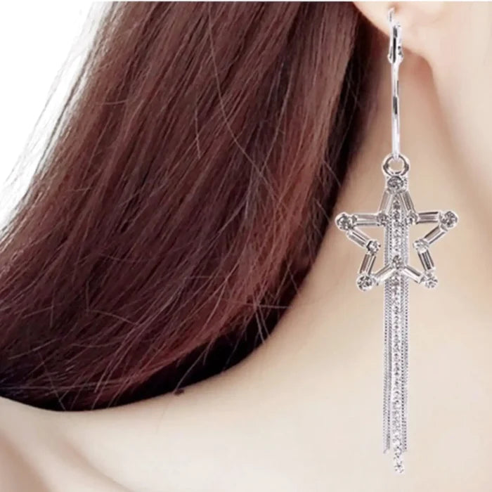 Silver Crystal Star Tassel Dangle Earrings - Star Tassel Dangle Earrings / Silver / One Size - Women’s Earrings