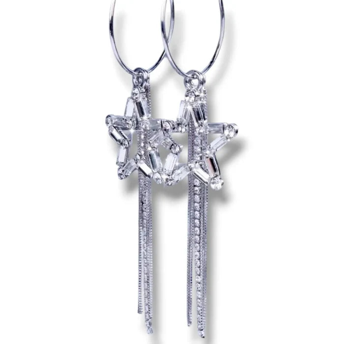 Silver Crystal Star Tassel Dangle Earrings - Star Tassel Dangle Earrings / Silver / One Size - Women’s Earrings