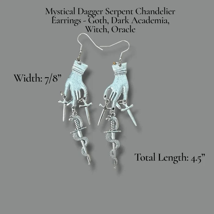 women's Silver Darkness Hand and Sword Dangle Earrings with serpent and dagger details