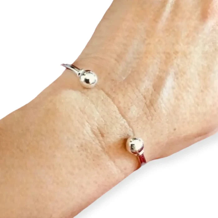 silver stainless steel open cuff bracelet with double beaded ends, adjustable minimalist bangle, women’s one size