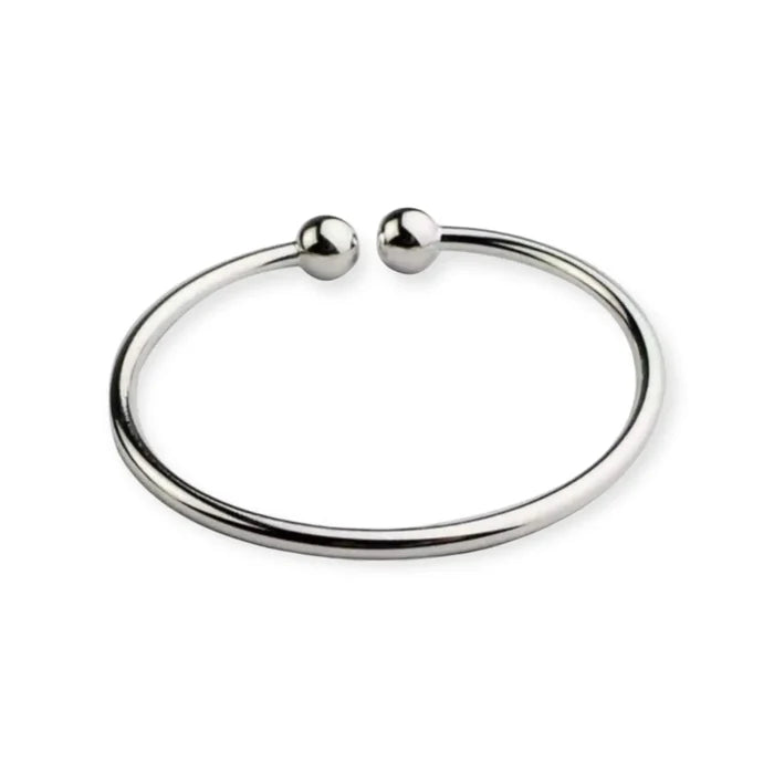 silver stainless steel open cuff bracelet with double beaded ends, adjustable minimalist bangle, women’s one size