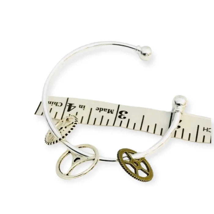silver stainless steel open cuff bracelet with double beaded ends, adjustable minimalist bangle, women’s one size