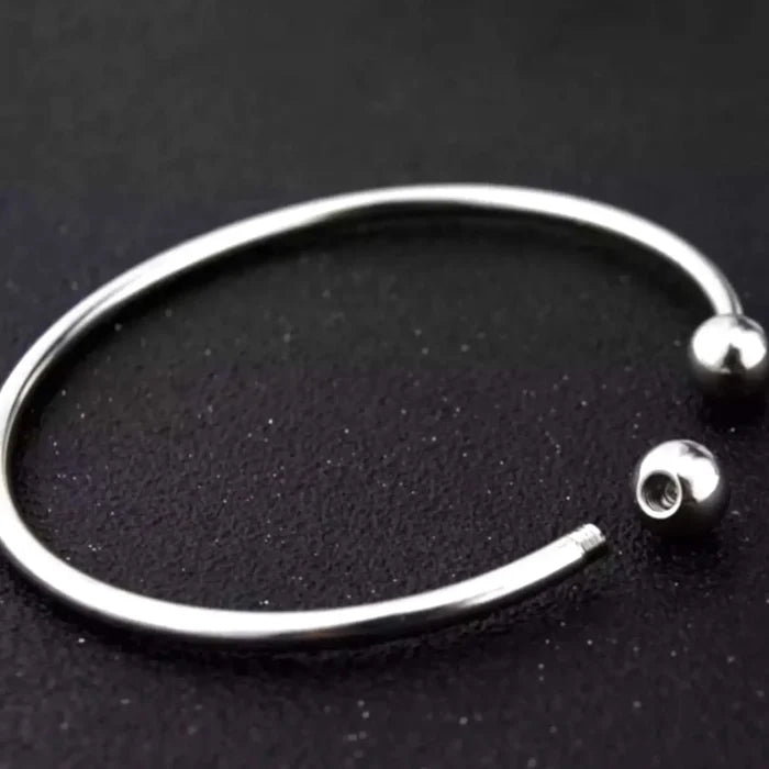 silver stainless steel open cuff bracelet with double beaded ends, adjustable minimalist bangle, women’s one size