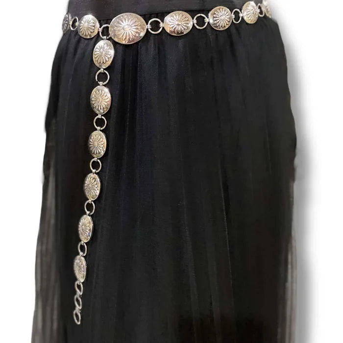Silver Floral Medallions Fashion Belt with round or oval concho links and adjustable draped chain styling
