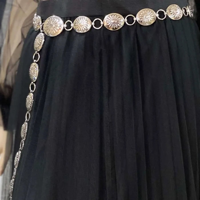Silver Floral Medallions Fashion Belt with round or oval concho links and adjustable draped chain styling