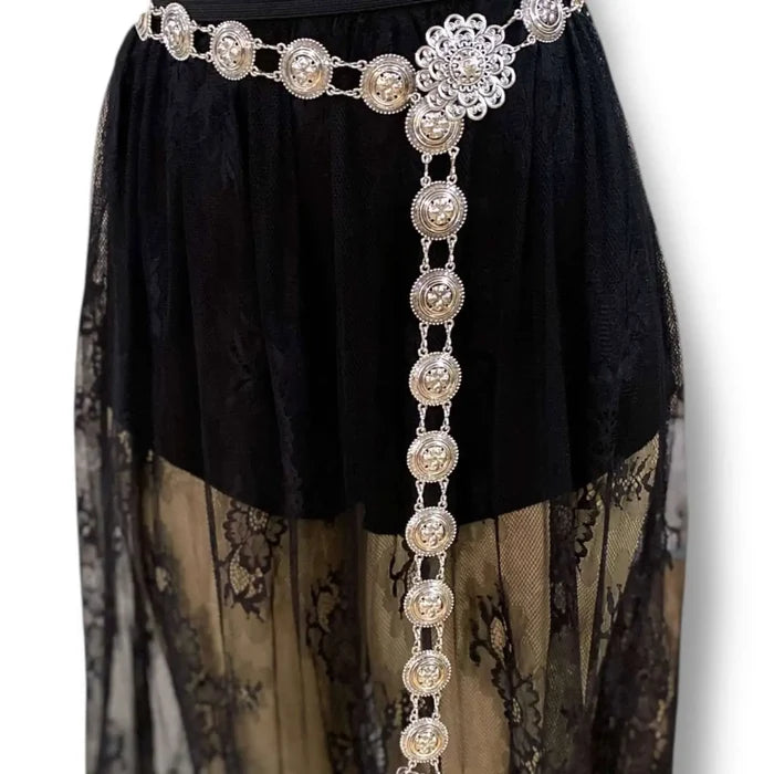Silver Floral Medallions Fashion Belt with round or oval concho links and adjustable draped chain styling
