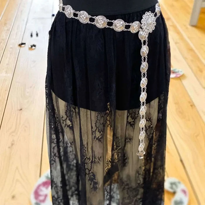 Silver Floral Medallions Fashion Belt with round or oval concho links and adjustable draped chain styling