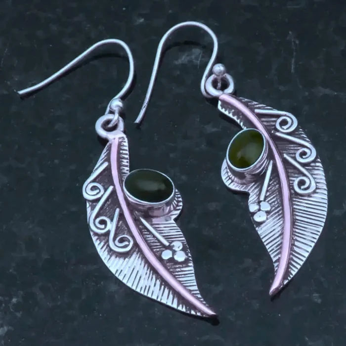 Silver Gold Vein Feather Drop Earrings