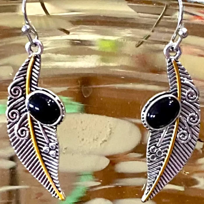 Silver Gold Vein Feather Drop Earrings