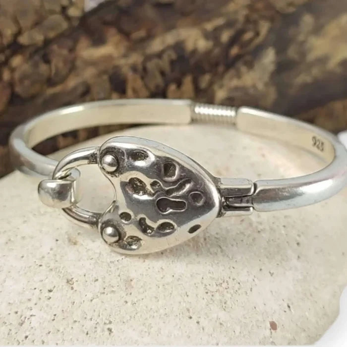 Silver Heart Hammered Bangle Bracelet  hammered heart centerpiece and spring tension closure