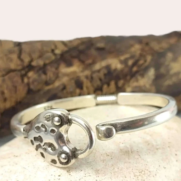 Silver Heart Hammered Bangle Bracelet  hammered heart centerpiece and spring tension closure
