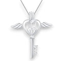 Close-up of silver heart wings key locket necklace with faux pearl and “LOVE” key detail on 16-inch sterling silver chain
