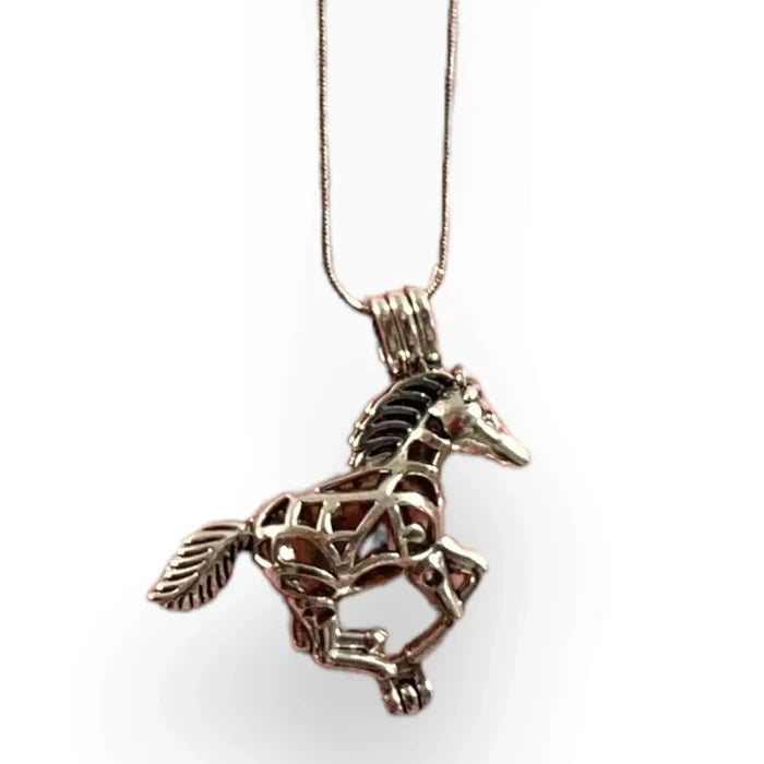Silver horse pendant long necklace with glow-in-the-dark bead and essential oil lava stone on 28-inch snake chain in boho western style
