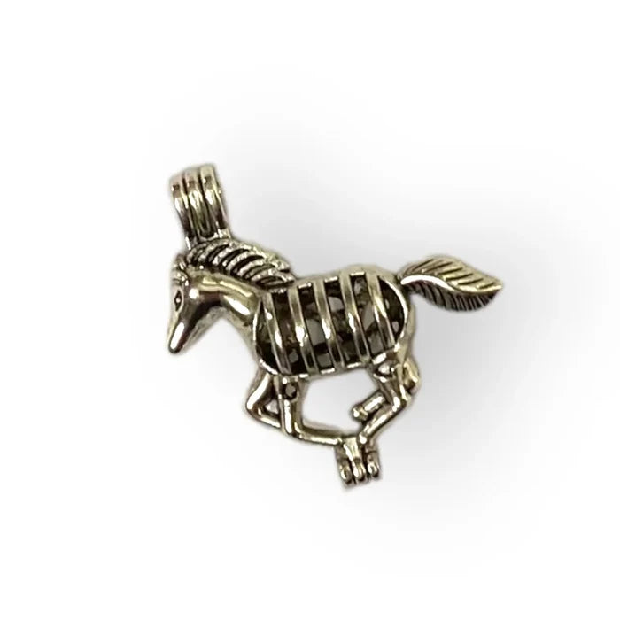 Silver horse pendant long necklace with glow-in-the-dark bead and essential oil lava stone on 28-inch snake chain in boho western style