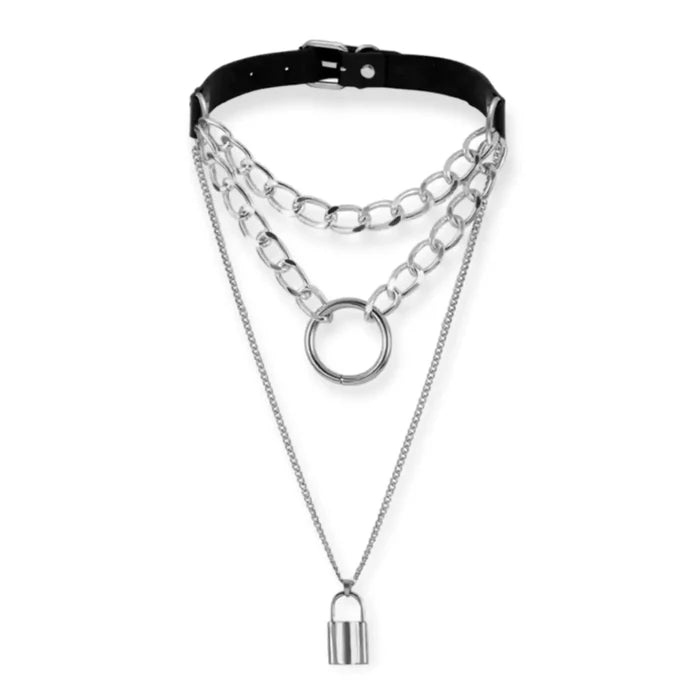 Silver Lock Black Buckle Choker Necklace / one size / women's