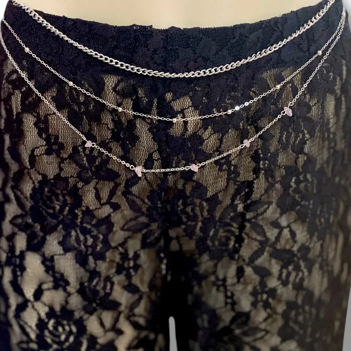 Silver Multi Layered Beaded Belly Chain Belts - Layered Waist Chain Jewelry / Silver / Adjustable - Body Jewelry