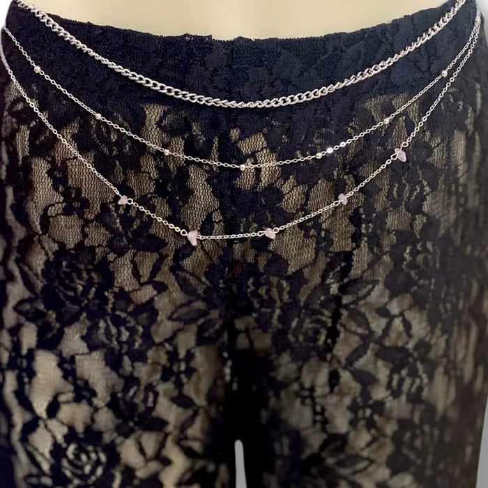 Silver Multi Layered Beaded Belly Chain Belts - Layered Waist Chain Jewelry / Silver / Adjustable - Body Jewelry