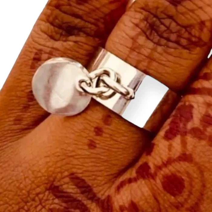 Silver Wide Band Dangle Coin Charm Ring