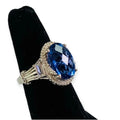 Silver Platinum Blue Fluorite Halo White Baguette Prong Setting Gemstone Statement Ring