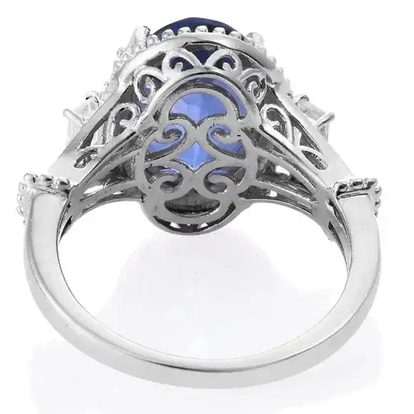Silver Platinum Blue Fluorite Halo White Baguette Prong Setting Gemstone Statement Filagree Ring
