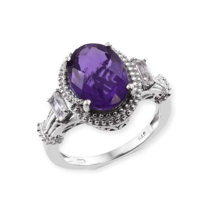 Silver Platinum Blue Fluorite Halo White Baguette Prong Setting Gemstone Statement Ring kaleidoscope stone