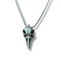 frontal view flat lay silver raven skull pendant necklace stainless steel box chain crow box chain 22"