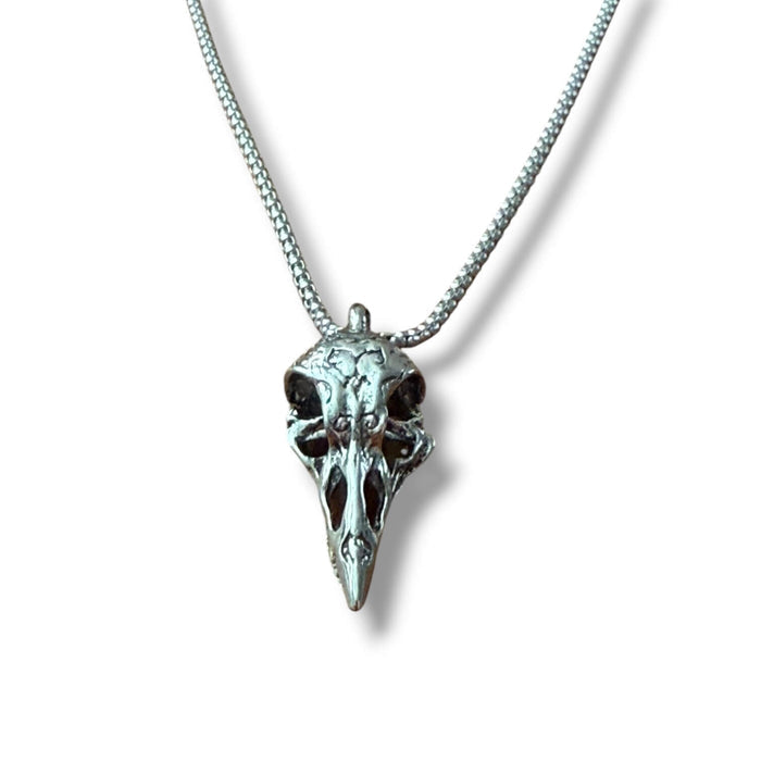 frontal view flat lay silver raven skull pendant necklace stainless steel box chain crow box chain 22"