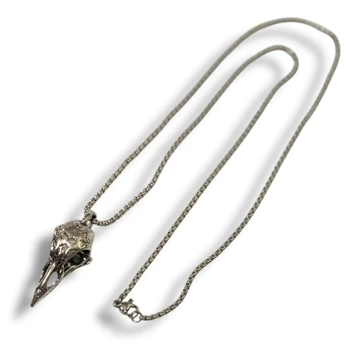 flat lay silver raven skull pendant necklace stainless steel box chain crow box chain 22"