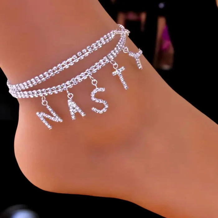Silver Rhinestone Dangle Multi Wrap Anklet Nasty being worn