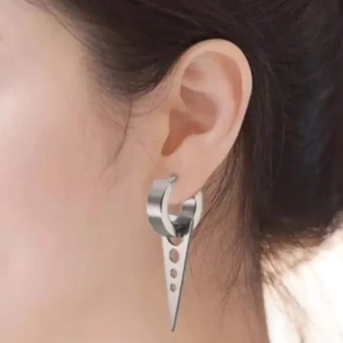 Silver Spiked Hinged Hoop Earrings with removable spear dangles, stainless steel huggie hoops, and click closure