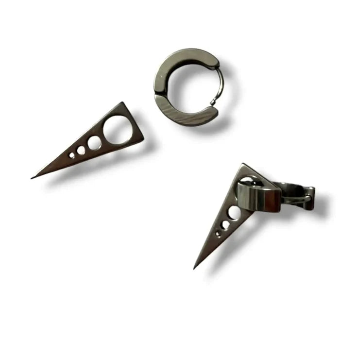 Silver Spiked Hinged Hoop Earrings with removable spear dangles, stainless steel huggie hoops, and click closure separated