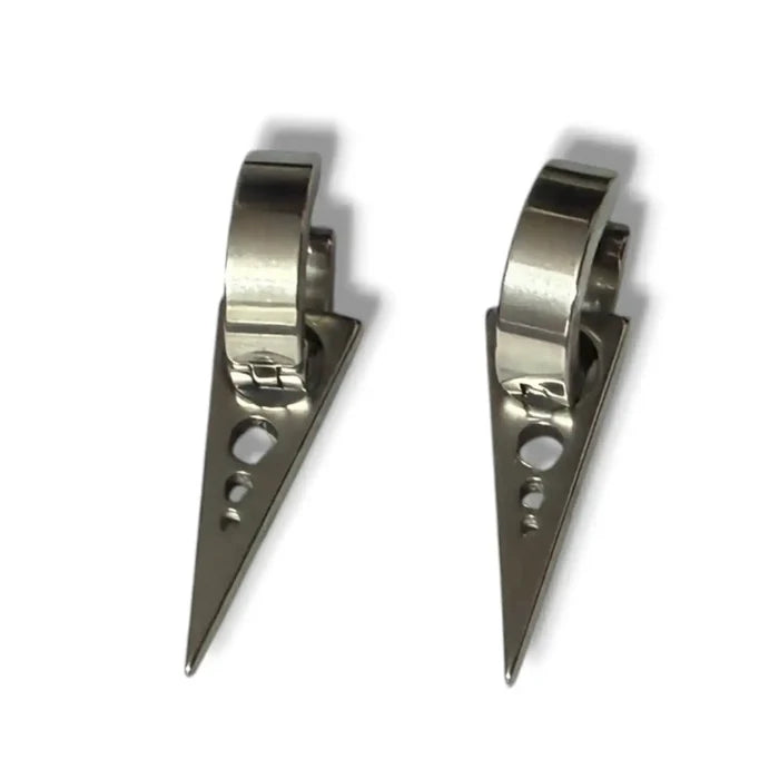 Silver Spiked Hinged Hoop Earrings with removable spear dangles, stainless steel huggie hoops, and click closure flat lay