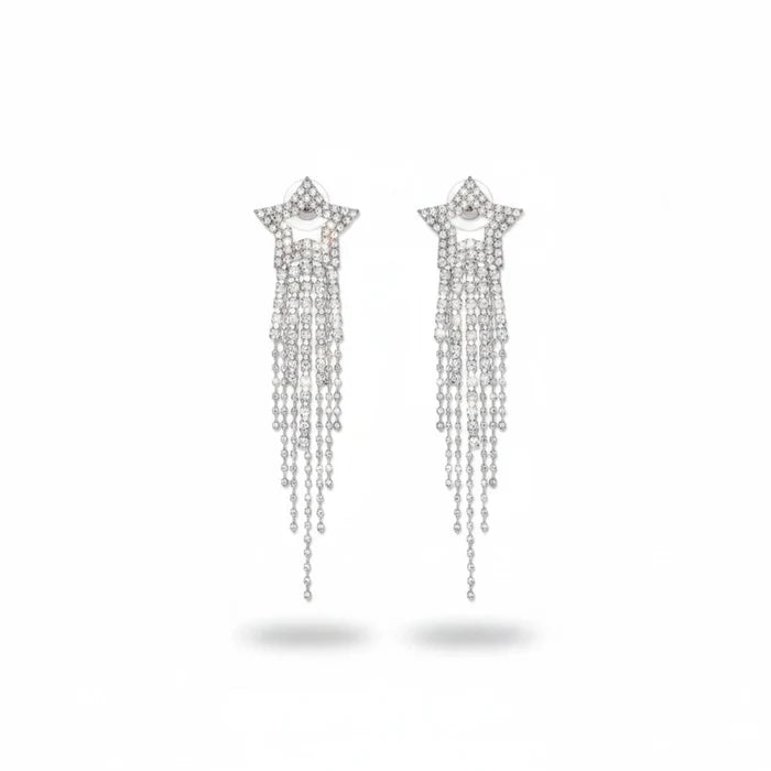 Silver Star Sparkle Long Tassel Dangle Earrings - Silver / Adults / alloy/rhinestones - Women’s Earrings
