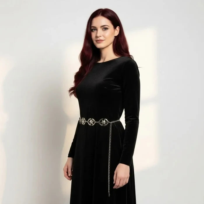 Silver Stars Abstract Link Statement Belt with celestial metal panels, adjustable clasp and chain