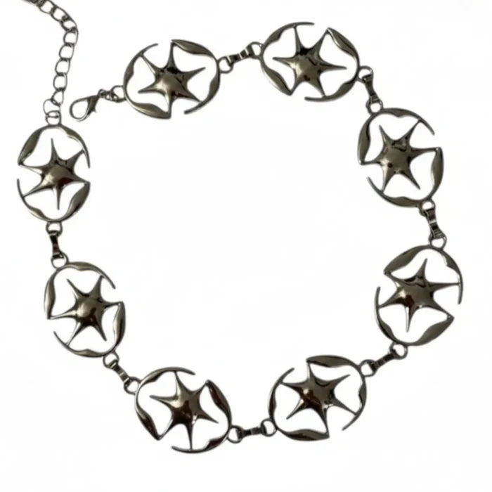 Silver Stars Abstract Link Statement Belt with celestial metal panels, adjustable clasp and chain