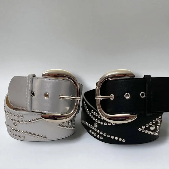 Silver studded oversize buckle wide belt with tribal rivets and wide faux leather strap black or metallic wide belts