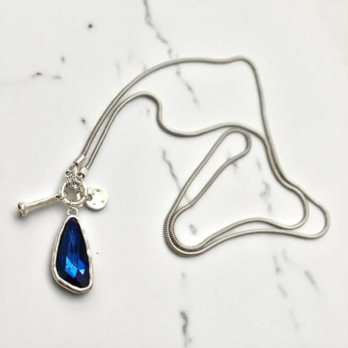 Silver Talisman Crystal Pendant Necklace long snake chain toggle closure dual wrap or waist length statement necklace