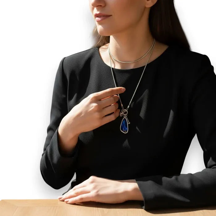 Silver Talisman Crystal Pendant Necklace long snake chain toggle closure dual wrap or waist length statement necklace