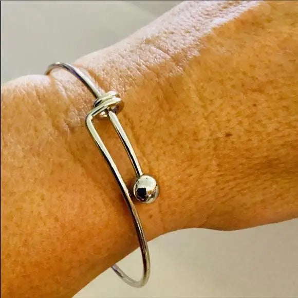 Silver Tension Bangle Bracelet with removable bead, minimalist stackable design, women's one size