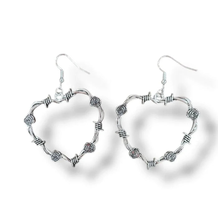 silver thorn floral open heart dangle earrings with barbed wire style edges and fish hook closure gothic boho y2k jewelry