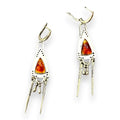 Silver Triangle Chandelier Earrings with orange glass resin center, dangling silver fringe charms, boho western and tribal statement jewelry