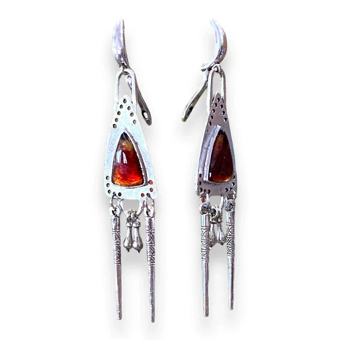 Silver Triangle Chandelier Earrings with orange glass resin center, dangling silver fringe charms, boho western and tribal statement jewelry