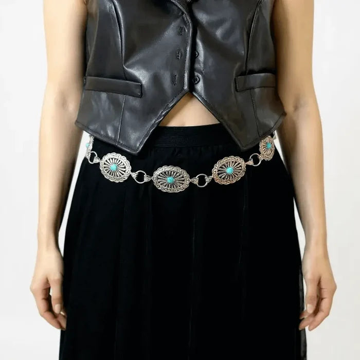 Silver Turquoise Link Western Belt with antique silver engraved oval links and faux blue green turquoise medallions