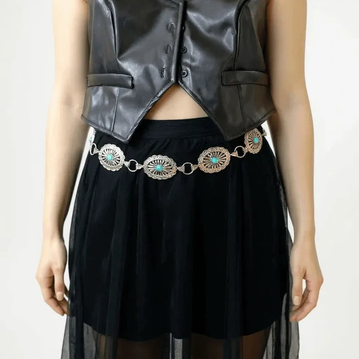 Silver Turquoise Link Western Belt with antique silver engraved oval links and faux blue green turquoise medallions