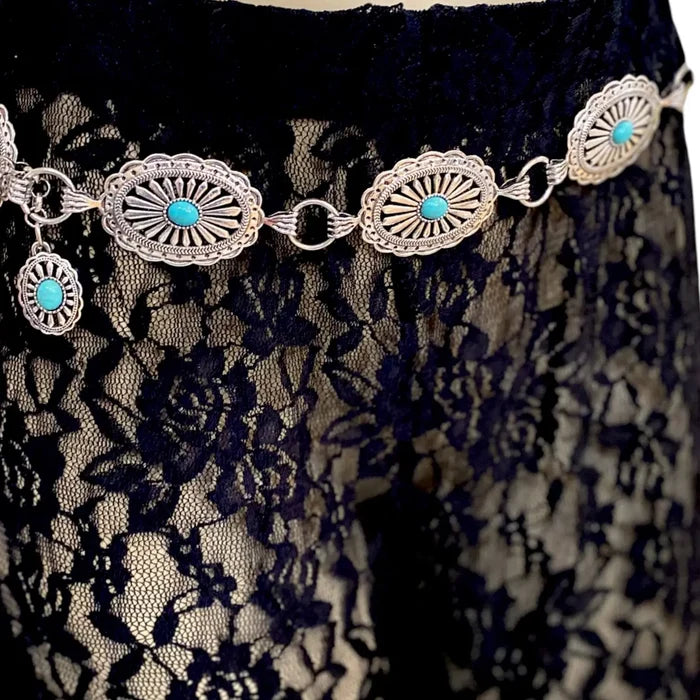Silver Turquoise Western Concho Chain Belt with oval medallions and adjustable chain cowgirl fashion accessory for women