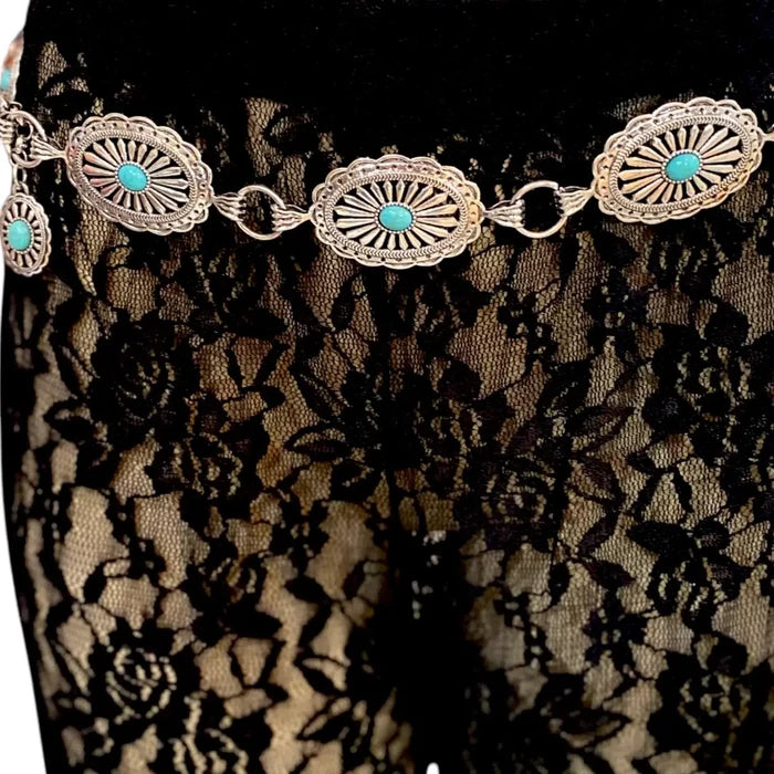 Silver Turquoise Western Concho Chain Belt with oval medallions and adjustable chain for women osfm