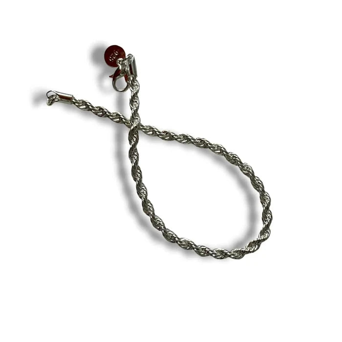 Silver Twisted Spiral Rope Chain Bracelet in 925 sterling silver with 4mm width and lobster clasp closure flat lay 8.5"