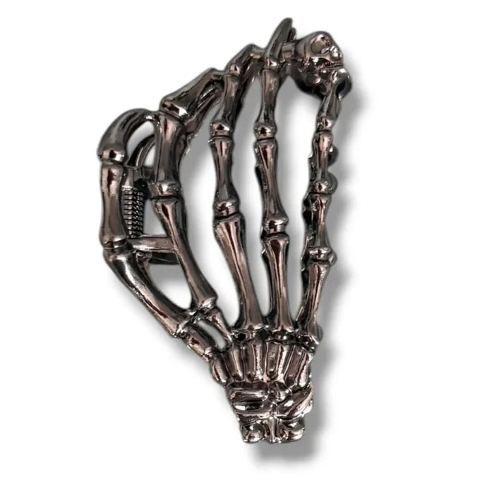 Skeleton Hand Hair Metal Clip in gunmetal gray with gothic claw design and strong metal grip for alternative hairstyles