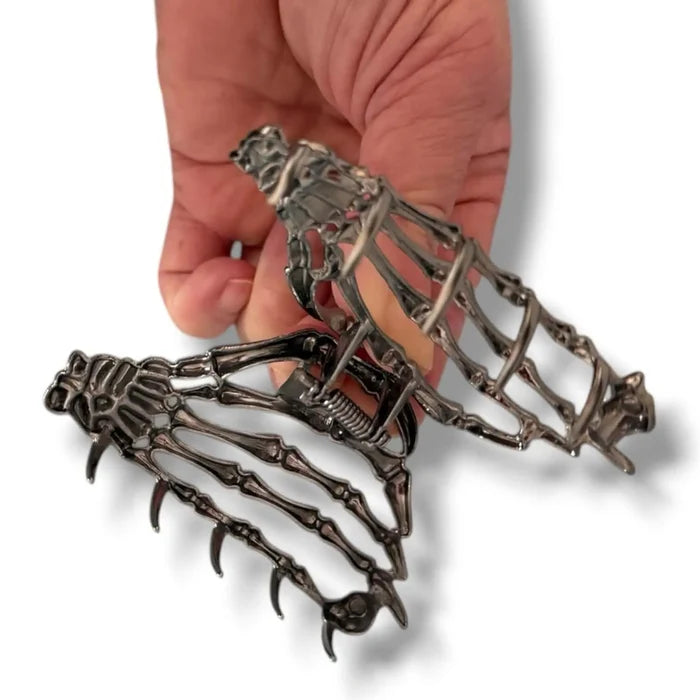 Skeleton Hand Hair Metal Clip in gunmetal gray with gothic claw design and strong metal grip for alternative hairstyles